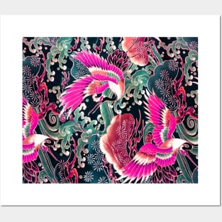 PINK FUCHSIA FLYING CRANES ,FLOWERS, SEA WAVES BLUE GREEN FLORAL Posters and Art